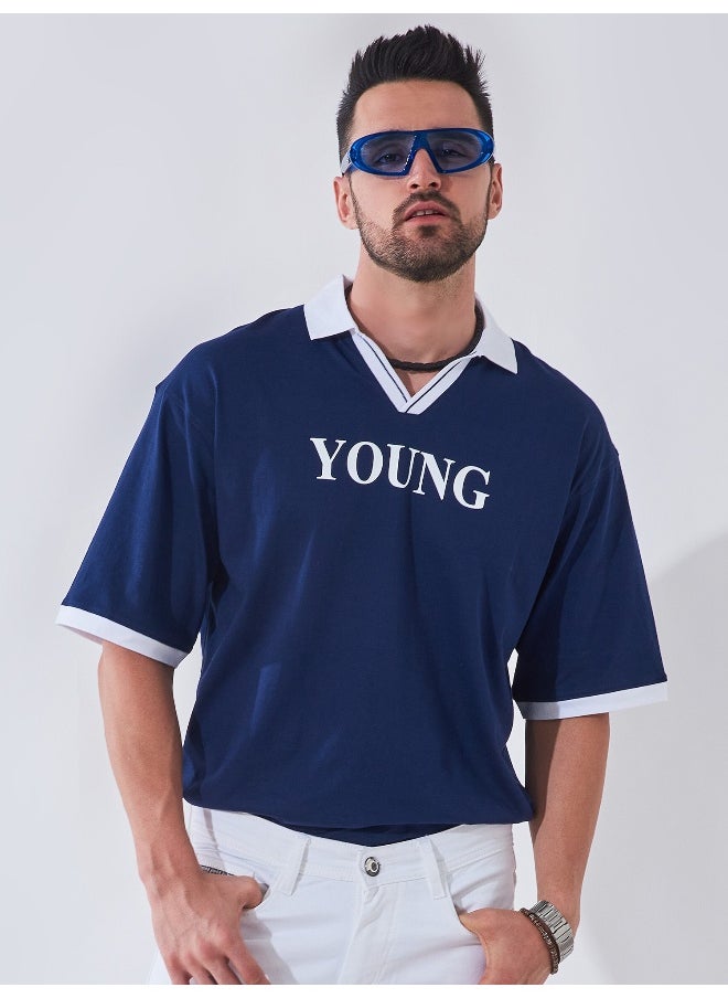 Maniac Mens Printed Polo Neck 3/4th Sleeve Navy and White Cotton Oversized Fit T-Shirt  - Image 2