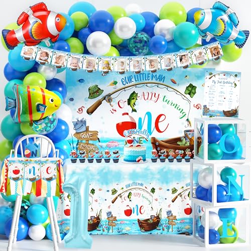 Fayoo Ofishally One First Birthday Decorations Gone Fishing 1st Birthday Party Supplies Our Little Man Is Ofishally Turning One Blue White Latex Balloons Theme Party Decorations for Baby Boy - Image 1