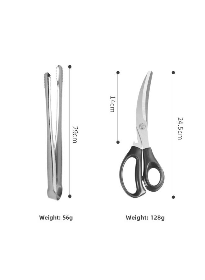 Japanese-style 304 Stainless Steel Barbecue Clip Golden Barbecue Clip Extended Food Clip Steak Clip BBQ Buffet Food Clip-Color:Bare Body Clip 30cm (silver) + Black Scissors - Image 1