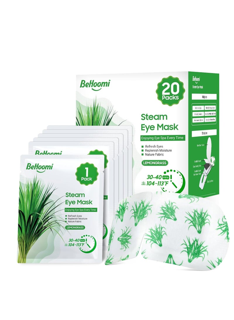 BeHoomi 20 Packs Steam Eye Mask, Heated Eye Mask Warm Compress for Eyes, Disposable Self Heating Eye Mask for Sleep, Travel Essentials & Relaxation Gifts for Women, Stocking Stuffers (Lemongrass)  - Image 1