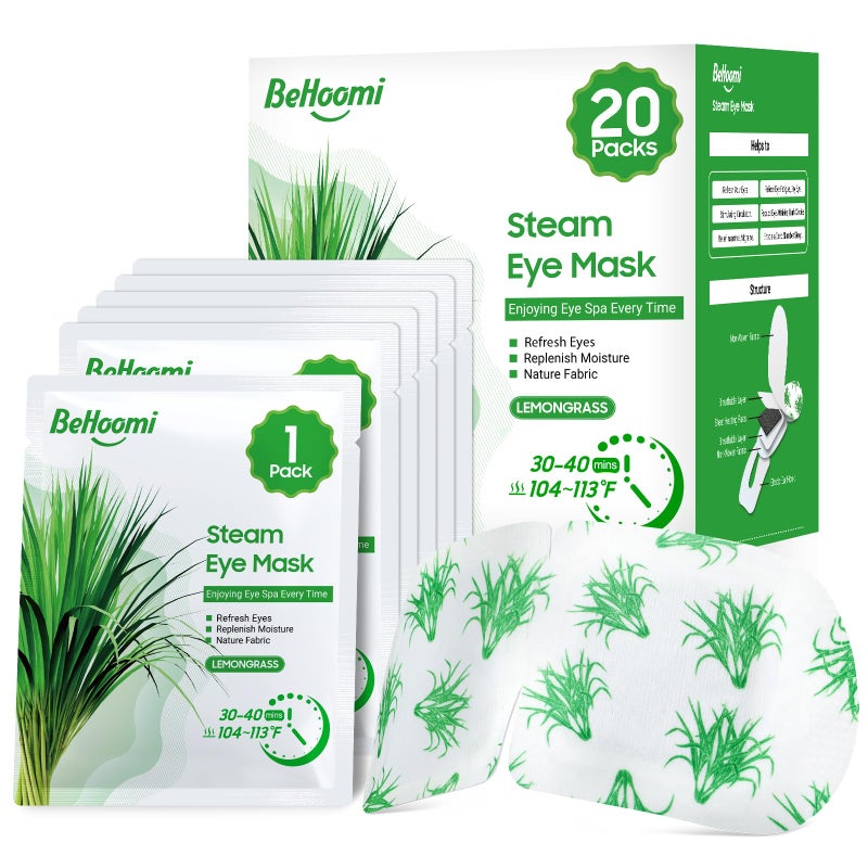 BeHoomi 20 Packs Steam Eye Mask, Heated Eye Mask Warm Compress for Eyes, Disposable Self Heating Steam Mask Sleep, Spa, Travel Essentials & Relaxation Gifts for Women, Stocking Stuffers (Lemongrass) - Image 1
