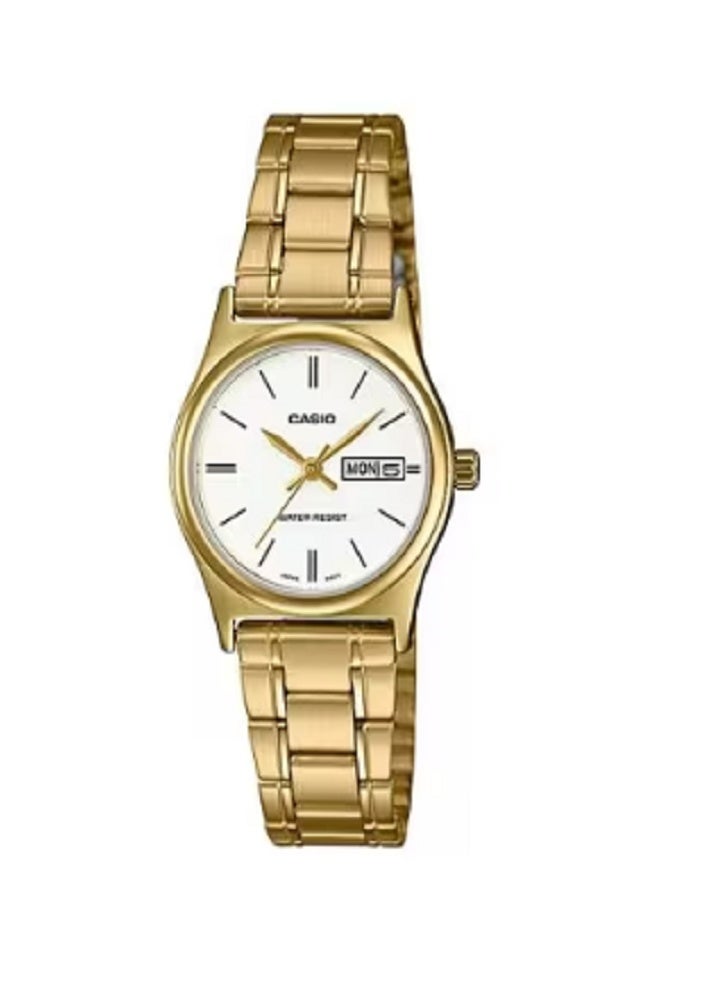 ساعة كاسيو النسائية التناظرية الذهبية LTP-V006G-7BUDF | ميناء أبيض روماني أنيق مع عرض لليوم والتاريخ، وسوار من الفولاذ المقاوم للصدأ، وتصميم كلاسيكي فاخر