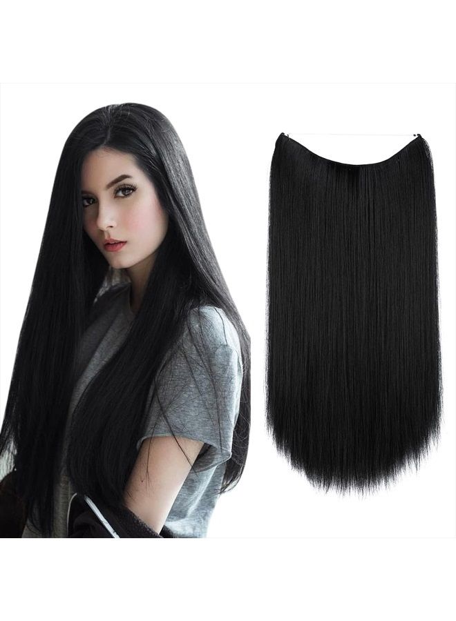 SARLA إضافات شعر خفية سلكية سوداء مستقيمة طويلة قطع شعر صناعية للنساء 22 بوصة رأس قابل للتعديل ألياف مقاومة للحرارة بدون مشبك - Image 1