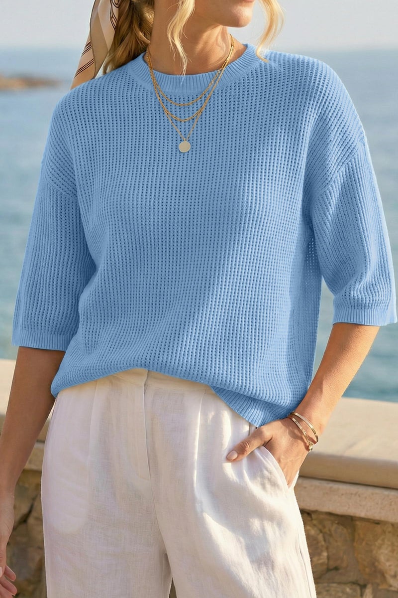 Arach&Cloz 2026 Women's Cotton Spring Summer Crochet Tops Crew Neck 3/4 Half Drop Short Sleeve Hollow Out Oversized Resort Wear Sweater Casual Vacation Outfits Fashion Trendy Shirts Light Blue M - Image 2