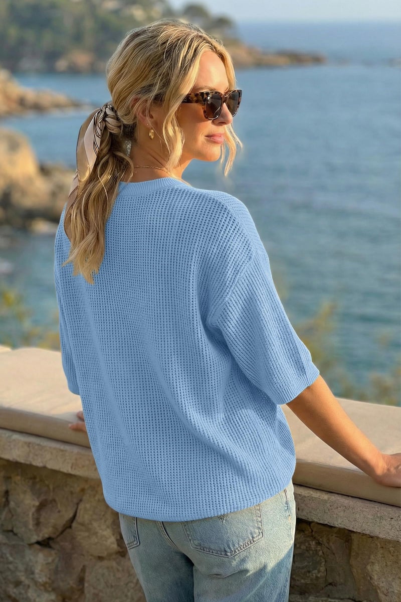 Arach&Cloz 2026 Women's Cotton Spring Summer Crochet Tops Crew Neck 3/4 Half Drop Short Sleeve Hollow Out Oversized Resort Wear Sweater Casual Vacation Outfits Fashion Trendy Shirts Light Blue M - Image 3