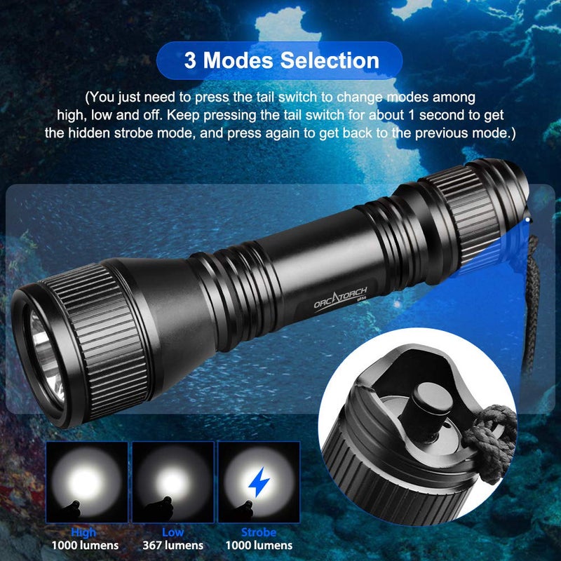 ORCATORCH D550 Scuba Dive Light 1000 Lumens Underwater Flashlight with 3 Modes, Magnetic Tail Switch, IP68 Waterproof, Hands-Free Backup Dive Light with Wrist Strap - Image 3