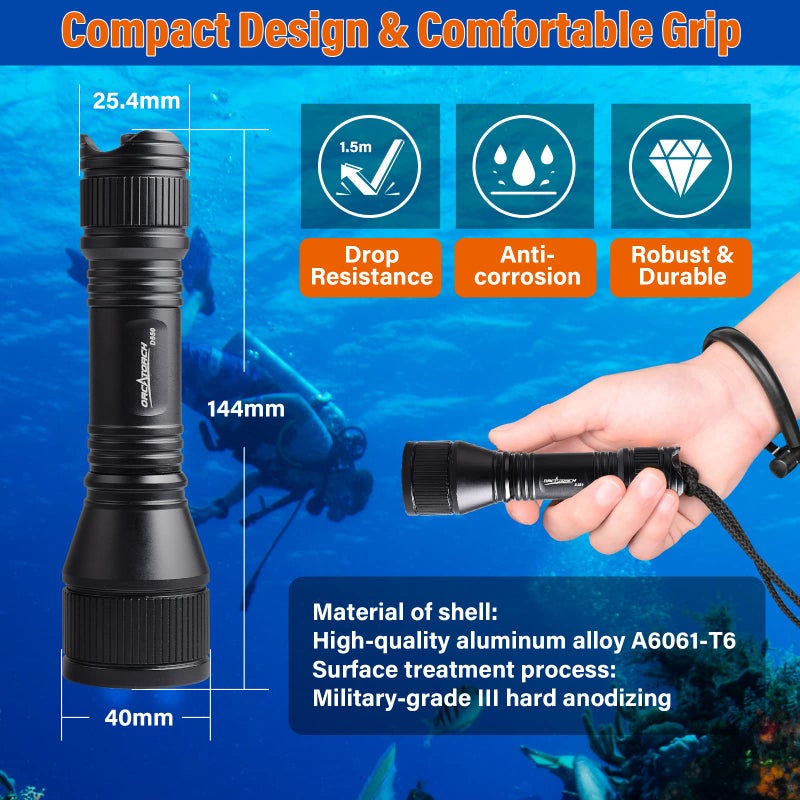 ORCATORCH D550 Scuba Dive Light 1000 Lumens Underwater Flashlight with 3 Modes, Magnetic Tail Switch, IP68 Waterproof, Hands-Free Backup Dive Light with Wrist Strap - Image 5