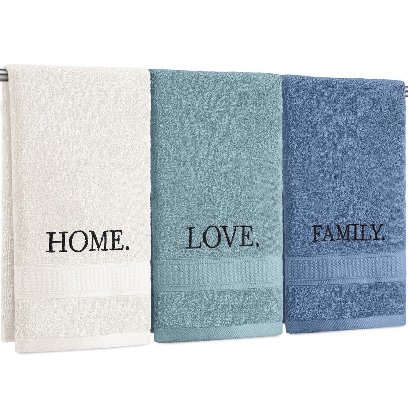 FuWeave 3 Pcs Farmhouse Decorative Hand Towels for Bathroom and Kitchen Rustic Embroidered Cotton Hand Towels Decorative Set for Boho Bathroom Decor(Teal,Home Love Family) - Image 1