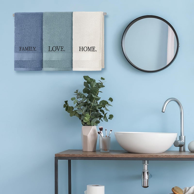 FuWeave 3 Pcs Farmhouse Decorative Hand Towels for Bathroom and Kitchen Rustic Embroidered Cotton Hand Towels Decorative Set for Boho Bathroom Decor(Teal,Home Love Family) - Image 4