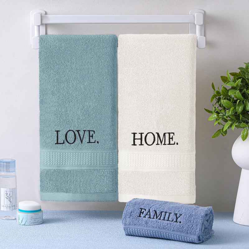 FuWeave 3 Pcs Farmhouse Decorative Hand Towels for Bathroom and Kitchen Rustic Embroidered Cotton Hand Towels Decorative Set for Boho Bathroom Decor(Teal,Home Love Family) - Image 3