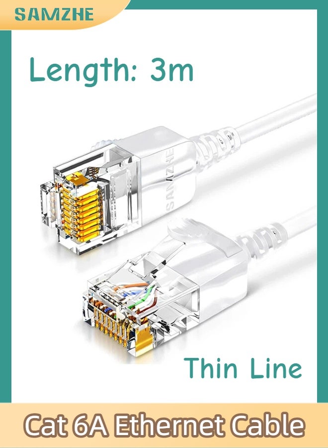 SAMZHE كابل إيثرنت فائق النحافة من نوع Cat6A بطول 3 أمتار، بسرعة 10 جيجابت في الثانية و500 ميجاهرتز، مصنوع من النحاس النقي، اجتاز اختبار فلوك، تصميم مرن ونحيف بسمك 2.8 مم، موصل RJ45 مطلي بالذهب مع غطاء واقٍ، كابل شبكة مضاد للتداخل لأجهزة الراوتر والمودم والكمبيوتر الشخصي وPS5 وXbox (أبيض) - Image 1