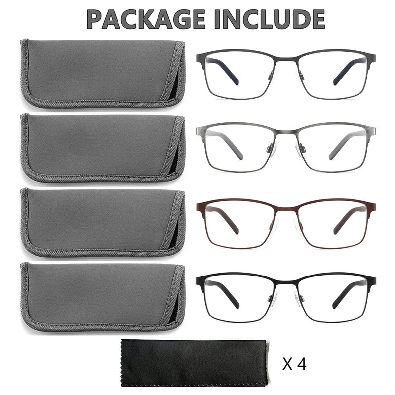 mrbobmslee 4 Pack Reading Glasses for Men, Blue Light Blocking Computer Readers, Anti UV Ray/Eye Strain/Glare, Metal Frame Eyeglasses with Pouches(200 Magnification Strength) - Image 4