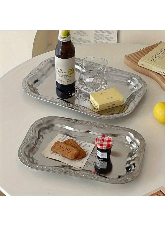 MAIDI Vintage Ornate Silver-Tone Metal Tray, Multi-Functional Serving & Decorative Tray with Intricate Carvings, Available in Large (35×24.5cm) and Small (30×20cm) Sizes, Perfect for Dining, Home Organization, and Stylish Display, a Blend of Elegance and Practicality - Image 2