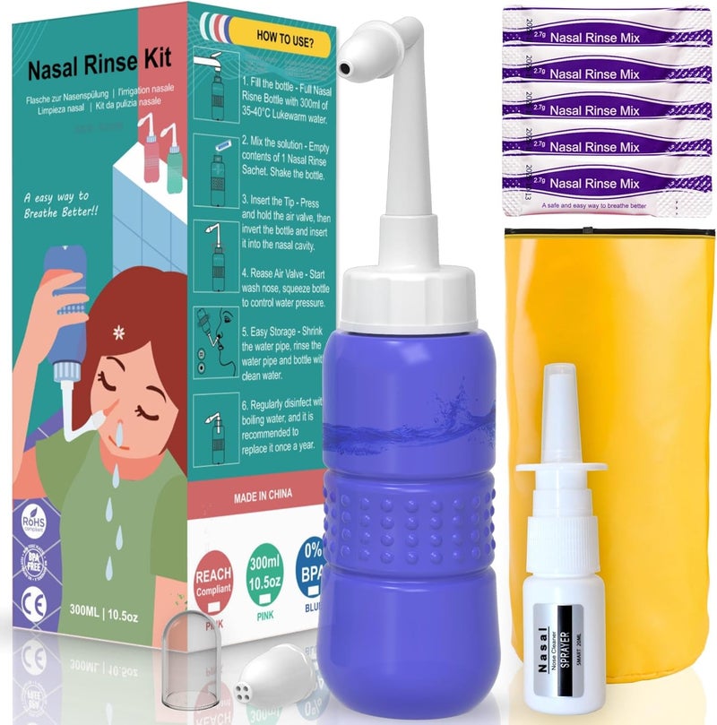 TONELIFE TONELIFE 5xNasal Rinse Mix + Neti Pot | Nose Wash Bottle 300ml + Nasal Sprayer with Waterproof Storage Bag