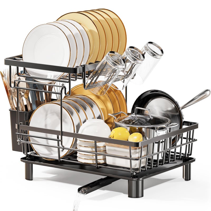 LIONONLY 2 Tier Dish Drainer Rack with Drip Tray Detachable Dish drying Rack with Swivel Drainage Spout Utensil  Cup HolderDish Rack for Kitchen Counter