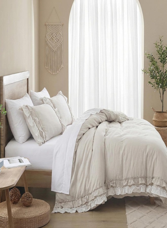 Bedorm Beige Ruffled Comforter Set Queen Boho Bedding Set Cream White Fringe Ruffle Romantic Bedroom Decor Shabby Chic Farmhouse Bedding Comforter - Image 4