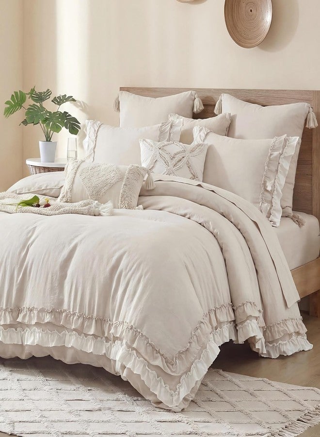 Bedorm Beige Ruffled Comforter Set Queen Boho Bedding Set Cream White Fringe Ruffle Romantic Bedroom Decor Shabby Chic Farmhouse Bedding Comforter - Image 1