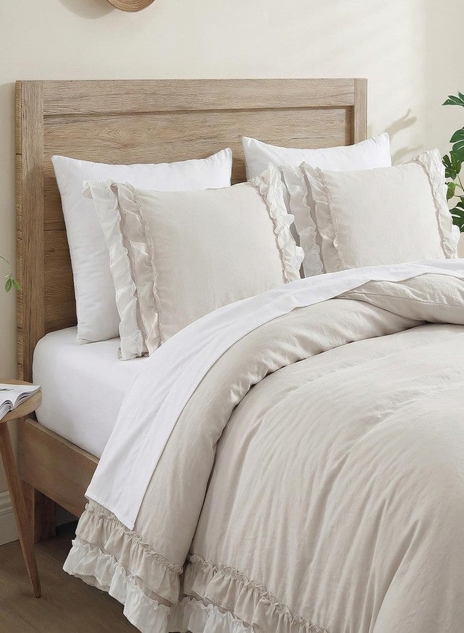 Bedorm Beige Ruffled Comforter Set Queen Boho Bedding Set Cream White Fringe Ruffle Romantic Bedroom Decor Shabby Chic Farmhouse Bedding Comforter - Image 3