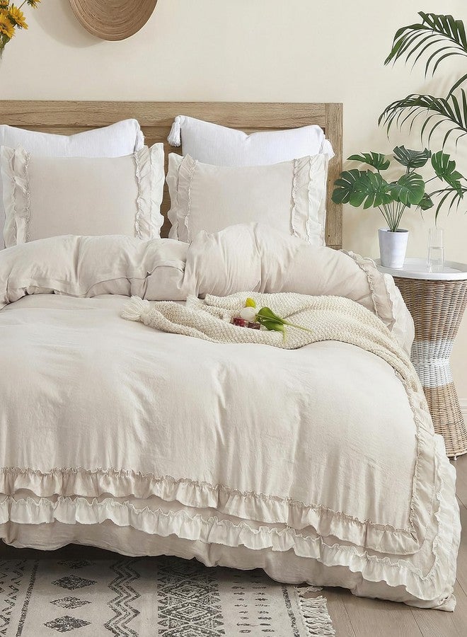 Bedorm Beige Ruffled Comforter Set Queen Boho Bedding Set Cream White Fringe Ruffle Romantic Bedroom Decor Shabby Chic Farmhouse Bedding Comforter - Image 2