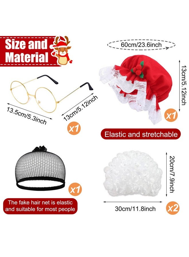 Dingion Dingion 4 Pcs Christmas Mrs Claus Costume for Women Mrs Claus Hat Old Lady Wig Granny Glasses and Hair Net for Mrs Claus Costume Cosplay Party (Round Frame Glasses) - Image 2