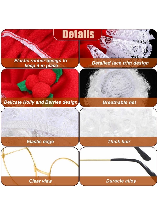 Dingion Dingion 4 Pcs Christmas Mrs Claus Costume for Women Mrs Claus Hat Old Lady Wig Granny Glasses and Hair Net for Mrs Claus Costume Cosplay Party (Round Frame Glasses) - Image 3