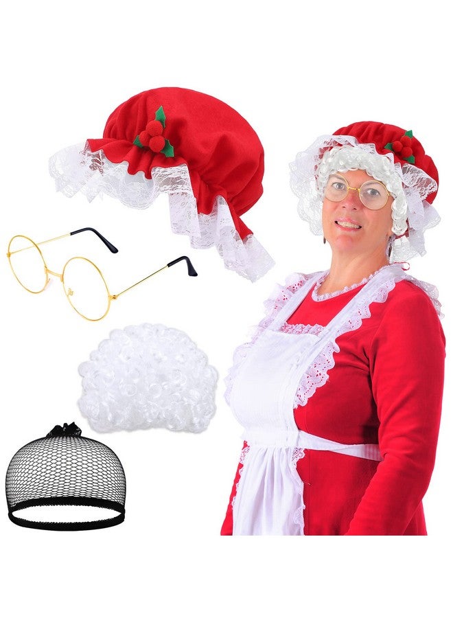 Dingion Dingion 4 Pcs Christmas Mrs Claus Costume for Women Mrs Claus Hat Old Lady Wig Granny Glasses and Hair Net for Mrs Claus Costume Cosplay Party (Round Frame Glasses) - Image 1