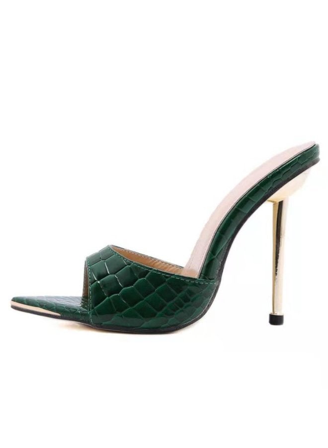 New European And American Snakeskin Pointed Stiletto Heel Sandals Simple Solid Color Plus Size Banquet Shoes
