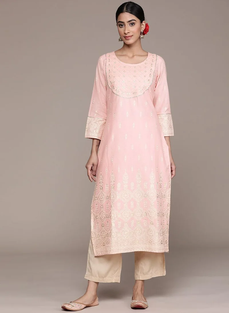 ISHIN Women's Pink 100% Cotton Embroidered Tunic Regular Fit Kurta