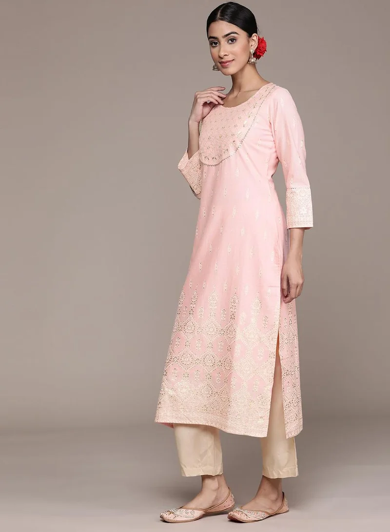 ISHIN Women's Pink 100% Cotton Embroidered Tunic Regular Fit Kurta