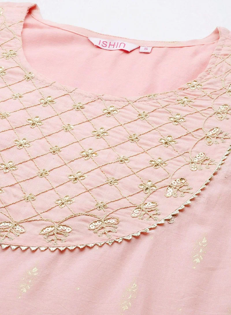 ISHIN Women's Pink 100% Cotton Embroidered Tunic Regular Fit Kurta