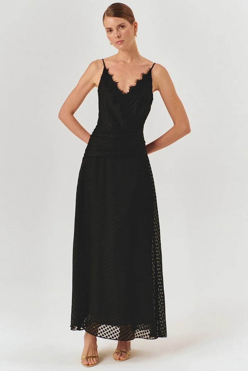 EXQUISE Polka Dot Detail Waist-Fitting Strappy Black Maxi Dress