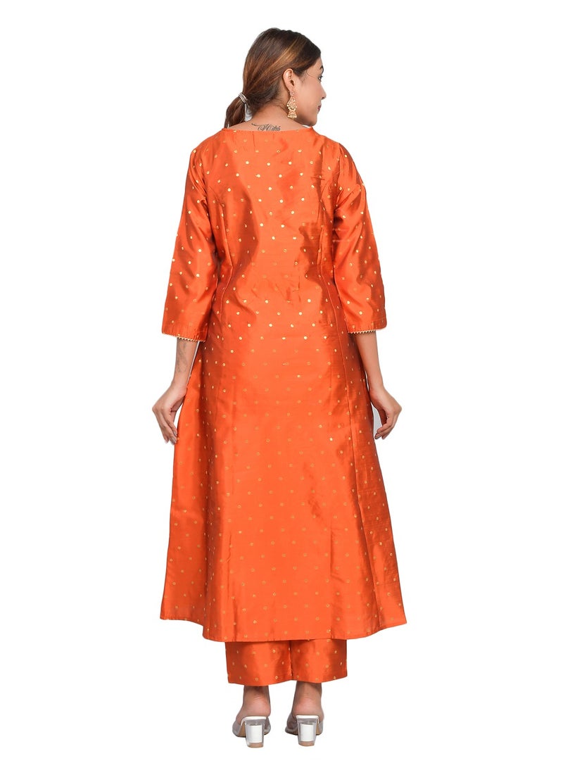 Riara Women Rust Orange Kurta Pant Set Summer Suit Solid Colour Flared Kurti with Pant Casual Kurta Set for Girls Art Silk (Taffeta Booty) Size S  - Image 4