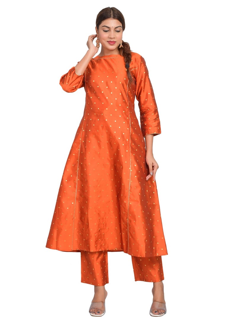 Riara Women Rust Orange Kurta Pant Set Summer Suit Solid Colour Flared Kurti with Pant Casual Kurta Set for Girls Art Silk (Taffeta Booty) Size S  - Image 2