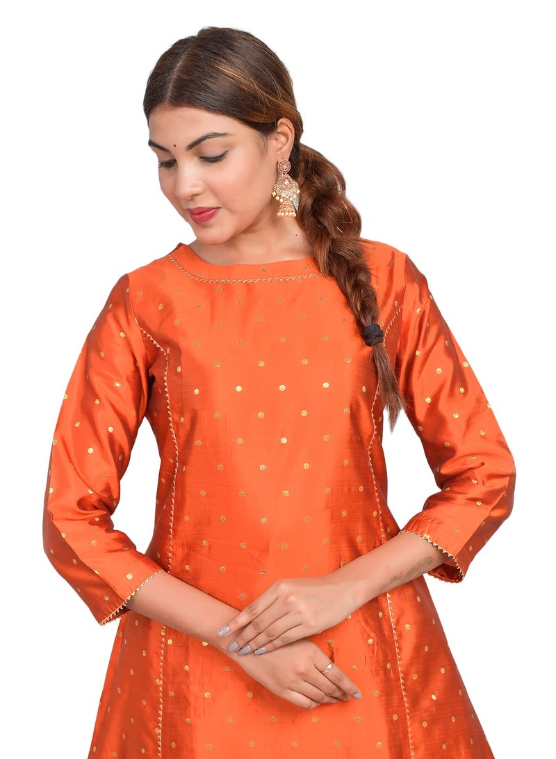 Riara Women Rust Orange Kurta Pant Set Summer Suit Solid Colour Flared Kurti with Pant Casual Kurta Set for Girls Art Silk (Taffeta Booty) Size S  - Image 3