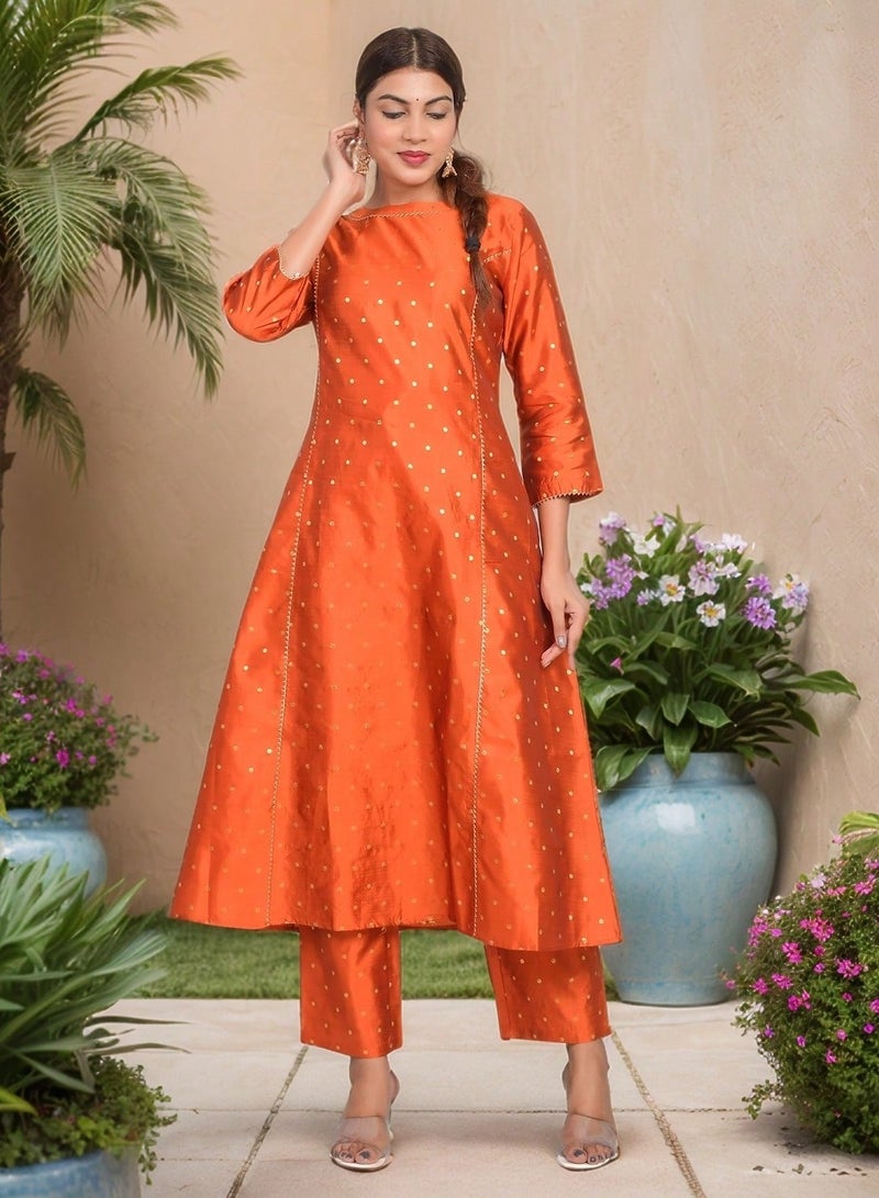Riara Women Rust Orange Kurta Pant Set Summer Suit Solid Colour Flared Kurti with Pant Casual Kurta Set for Girls Art Silk (Taffeta Booty) Size S  - Image 1