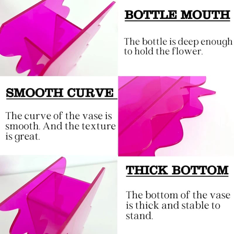 BLOFLO STU Hot Pink Acrylic Vase, 8-Inch Wave Shaped, Modern Centerpiece, Home Office Decor - Image 3