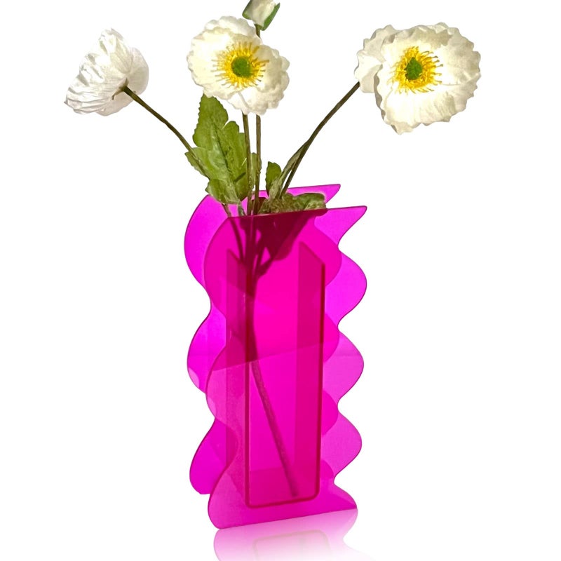 BLOFLO STU Hot Pink Acrylic Vase, 8-Inch Wave Shaped, Modern Centerpiece, Home Office Decor - Image 1