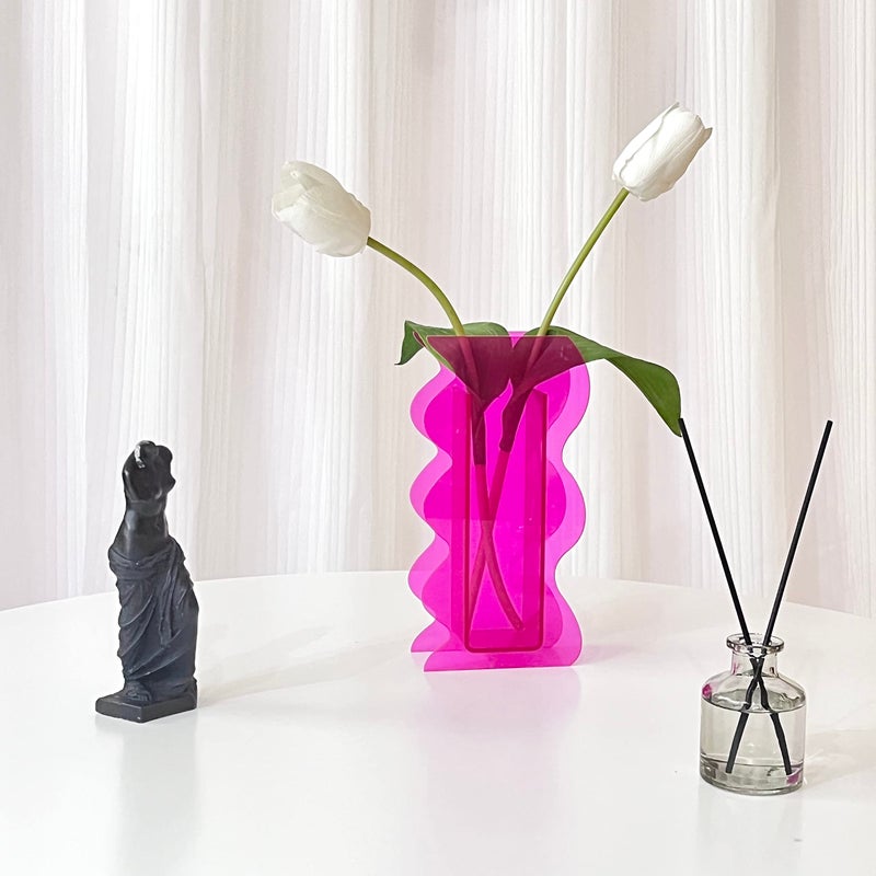 BLOFLO STU Hot Pink Acrylic Vase, 8-Inch Wave Shaped, Modern Centerpiece, Home Office Decor - Image 5