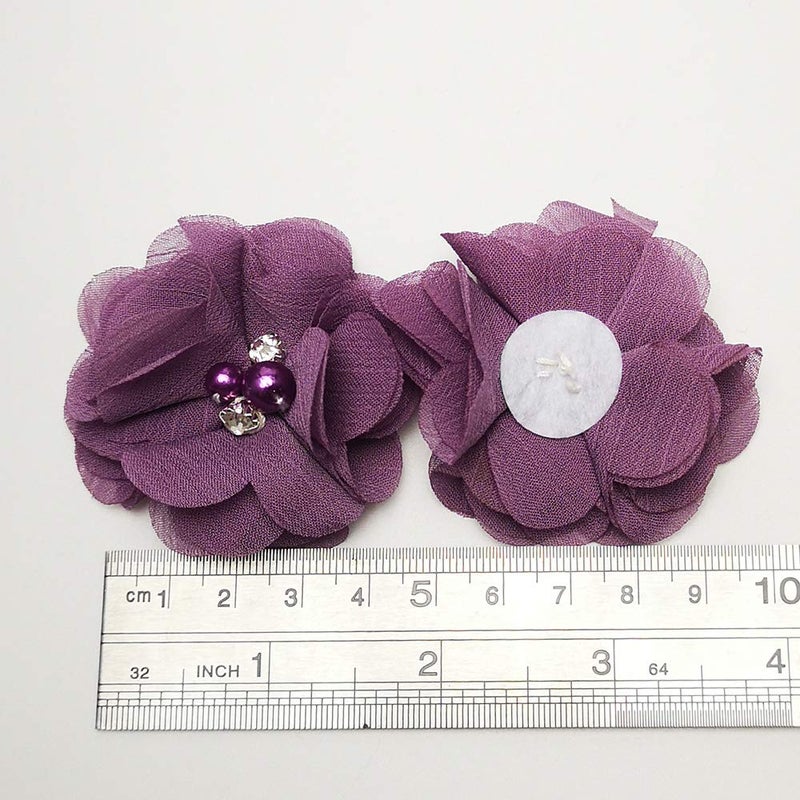 Chenkou Craft Pack of 12pcs Chiffon Flowers Ribbon Bows W/Beads 2-3/8" (60mm) Appliques Wedding Decor Bulk Lots (Mauve) - Image 2