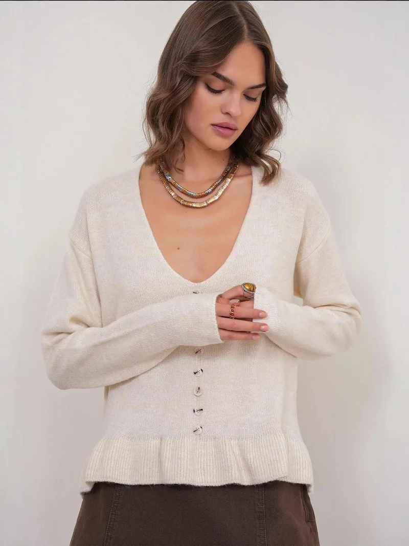 MixRay Natural Mixray Lightweight V-Neck Knit Top with Button Detail for Women | Best Price UAE