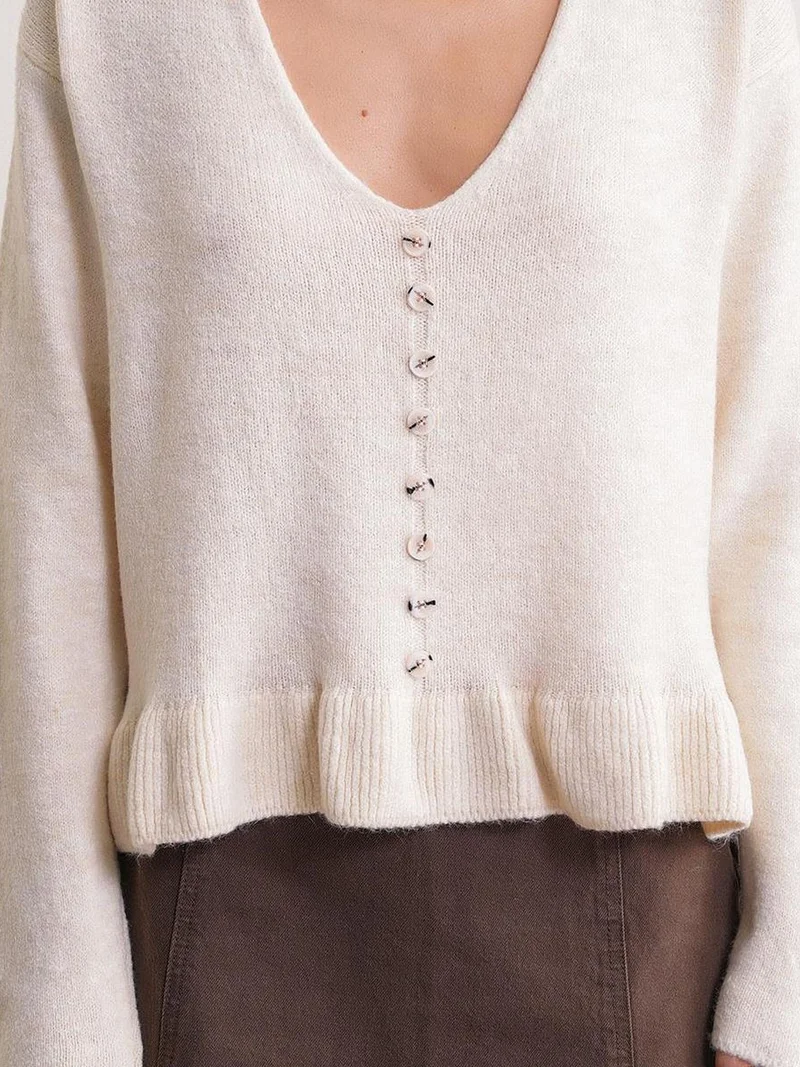 MixRay Natural Mixray Lightweight V-Neck Knit Top with Button Detail for Women | Best Price UAE