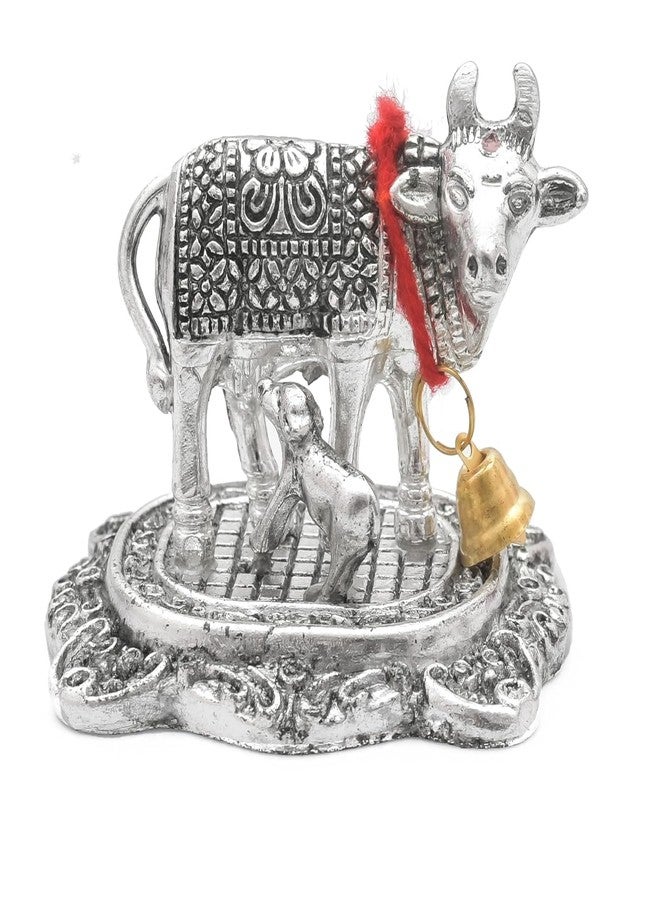 Aditri Creation Decorative Kamdhenu Cow Calf with Bal Gopal Krishna Metal Statue Good Luck Feng Shui Table Top Figurine Vastu Gau MATA Idol Showpiece Indian Traditional Festival New year Gifts (Size-2.5")(Silver) - Image 2