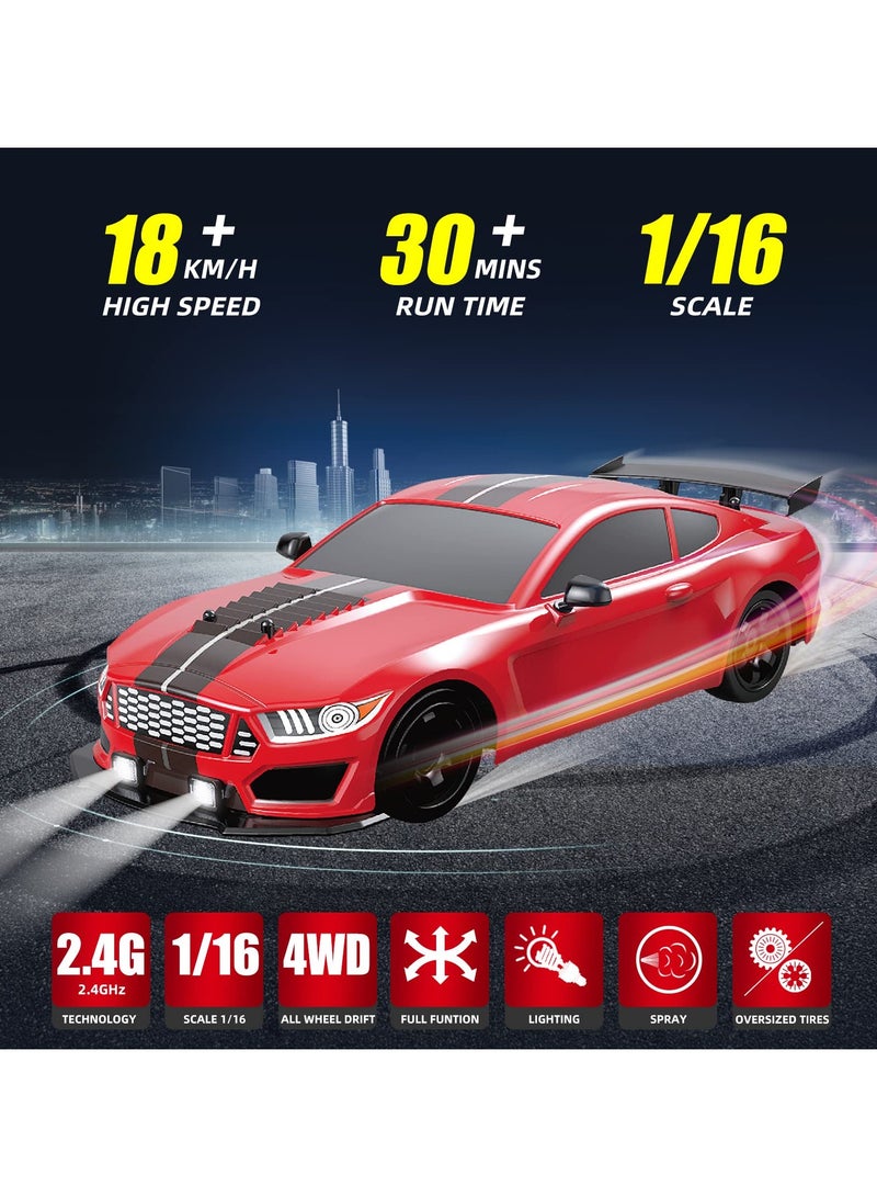 XiuWoo Remote Control Drift Car 2.4GHz 1:16 Scale 4WD High Speed Vehicle with LED Lights Two Batteries and Drifting Tires Racing Sport Toy Cars for Adults Boys Girls Kids,Red  - Image 2