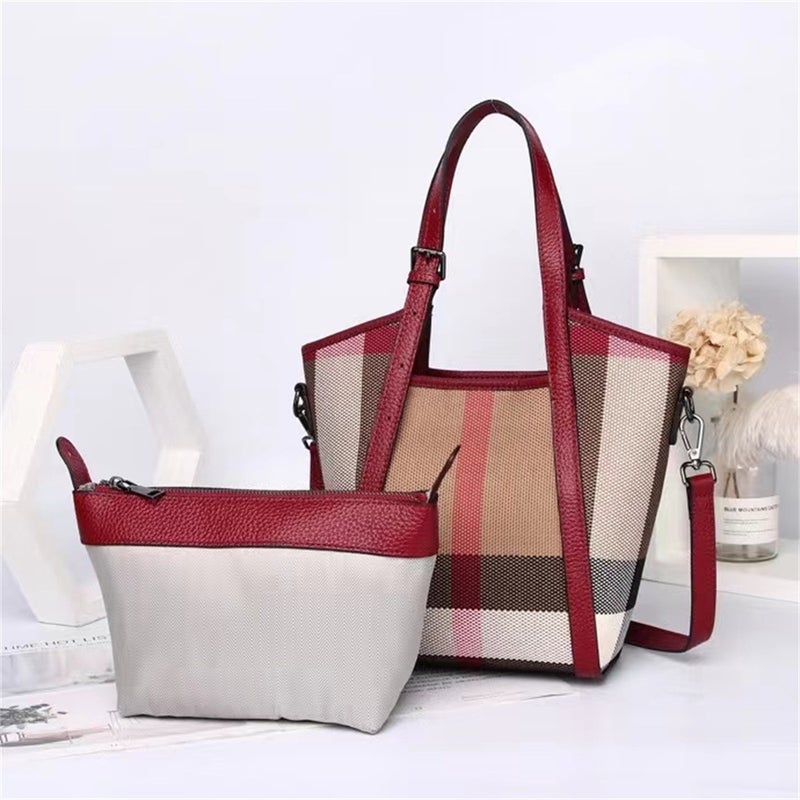 New Korean Style Women'S Bag Large Capacity Bag Plaid Bucket Canvas Women'S Hand Shoulder Bag Tote Bag - Image 3