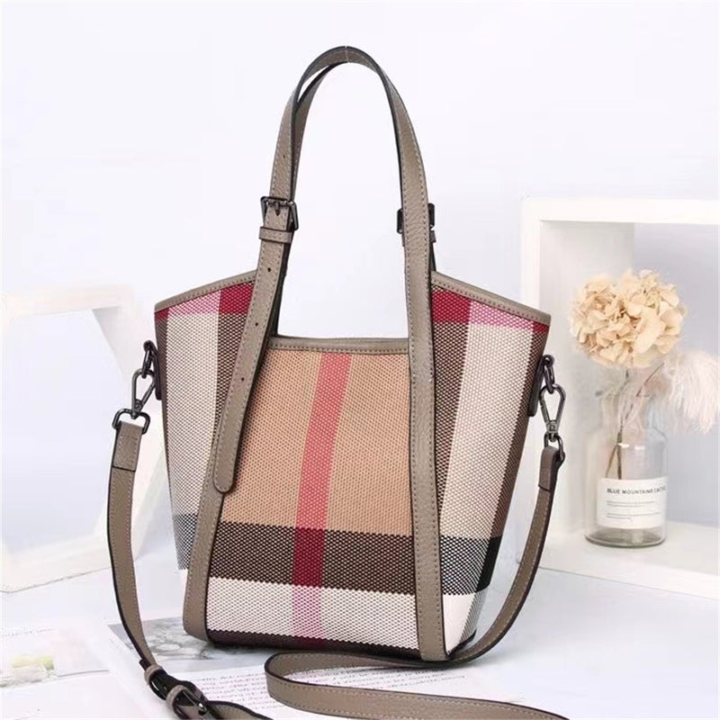 New Korean Style Women'S Bag Large Capacity Bag Plaid Bucket Canvas Women'S Hand Shoulder Bag Tote Bag - Image 1