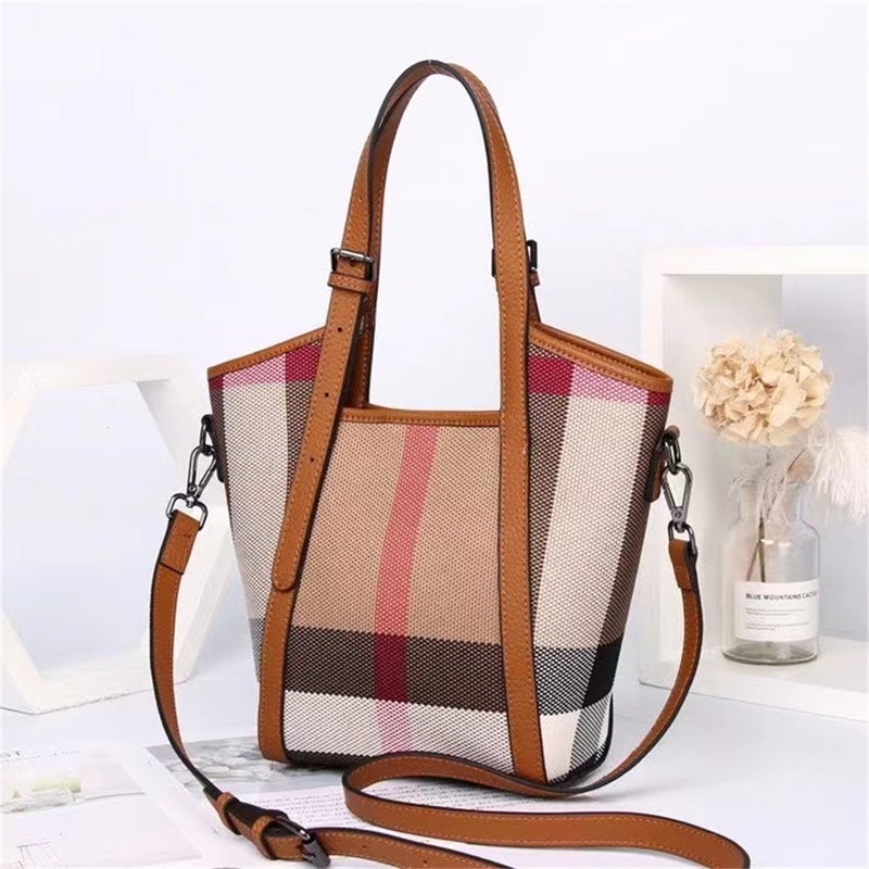 New Korean Style Women'S Bag Large Capacity Bag Plaid Bucket Canvas Women'S Hand Shoulder Bag Tote Bag - Image 2