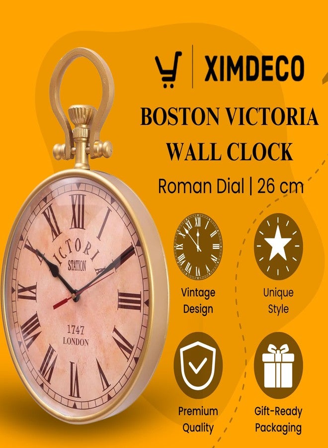 Ximdeco Metal Wall Roots Boston Vintage Style Pattern Roman Dial Analog Wall Clock Home Decor (Boston) (Victoria) (Golden), 26 Centimeters, 3.81 CM - Image 2