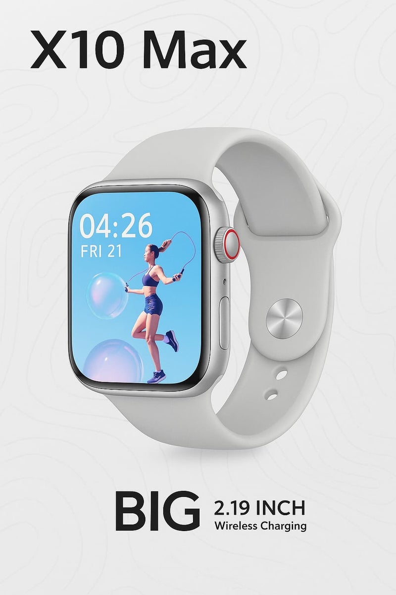 X10 Max Smartwatch 45mm (2.19 Inch) Display, Wireless Charging, Heart Rate, Siri Voice, Bluetooth Call – Silver - Image 1