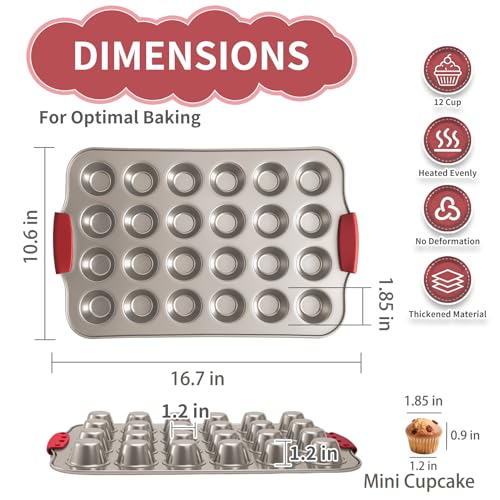 Shinsin 24 Cup Mini Cupcake Pan with Silicone Handles, Non-Stick Mini Muffin Pan, Baking Molds for Mini Cupcakes, Muffins, Quiches, Carbon Steel Mini Baking Pan, Dishwasher Safe (2 Pack) - Image 2