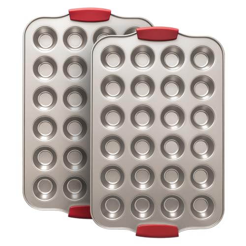 Shinsin 24 Cup Mini Cupcake Pan with Silicone Handles, Non-Stick Mini Muffin Pan, Baking Molds for Mini Cupcakes, Muffins, Quiches, Carbon Steel Mini Baking Pan, Dishwasher Safe (2 Pack) - Image 1